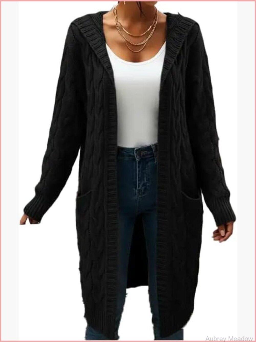 Open Front Long Cable Knit Cardigan Sweater with Pockets